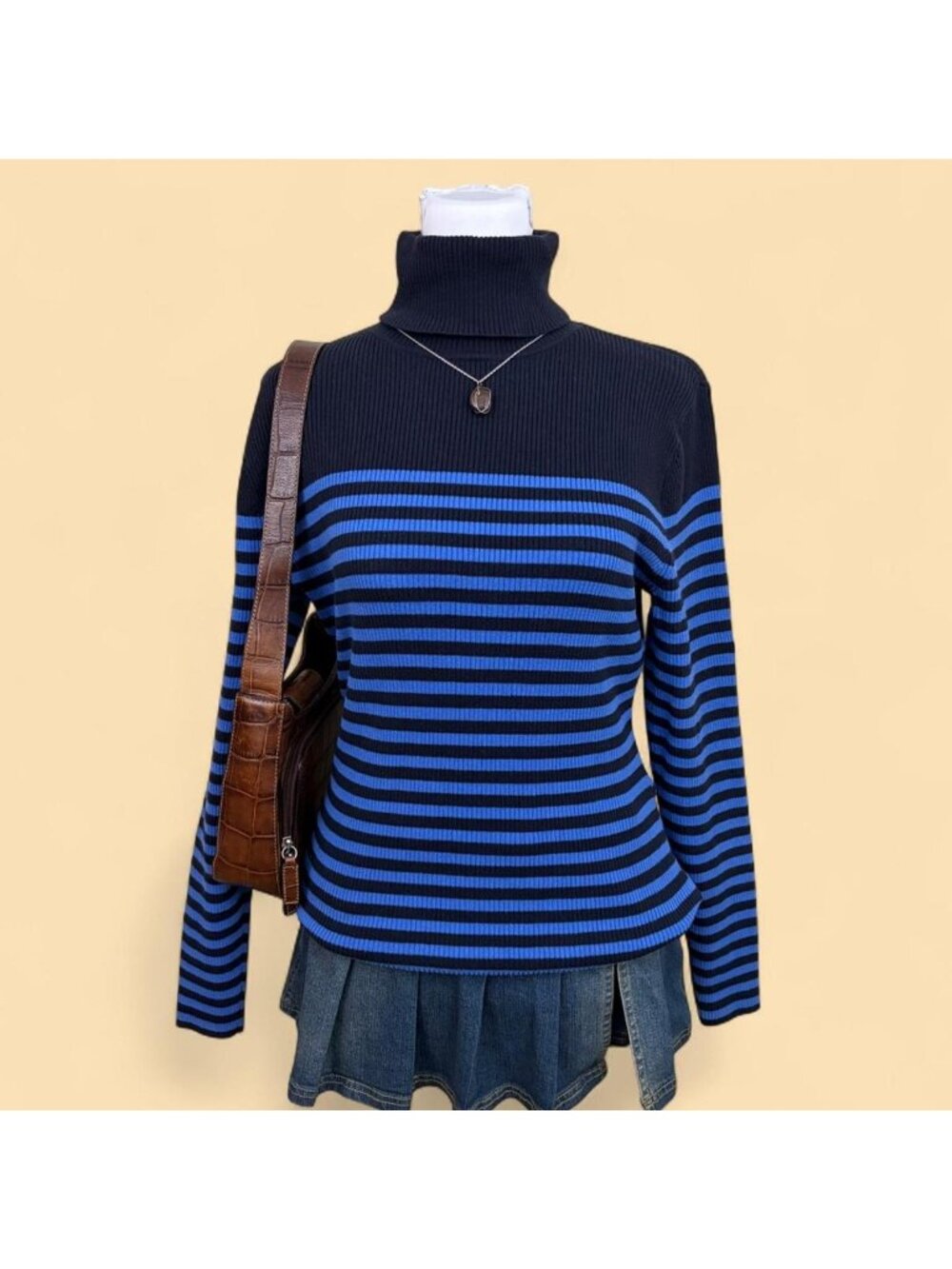blue striped capsule basic turtleneck sweater top